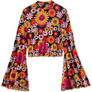 imageFloerns Womens Long Sleeve See Though Sheer Mesh Crop Tee TopsYellow Flower