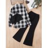 imageFloerns Girls 3 Piece Outfits Bell Bottom Outfit Cami Top and Flare Pants Set with Plaid Print ShirtBlack and White