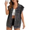 imageFloerns Womens Casual Flap Pocket Cap Sleeve Button Front Denim Vest JacketBlack