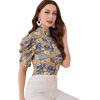 imageFloerns Womens Casual Frill Mock Neck Short Puff Sleeve Keyhole Back Work Office BlouseGold Floral