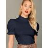 imageFloerns Womens Casual Frill Mock Neck Short Puff Sleeve Keyhole Back Work Office BlouseNavy