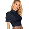 imageFloerns Womens Casual Frill Mock Neck Short Puff Sleeve Keyhole Back Work Office BlouseNavy