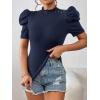 imageFloerns Womens Casual Frill Mock Neck Short Puff Sleeve Keyhole Back Work Office BlouseNavy Blue