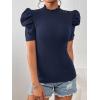 imageFloerns Womens Casual Frill Mock Neck Short Puff Sleeve Keyhole Back Work Office BlouseNavy Blue