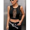 imageFloerns Womens Cut Out Sleeveless Round Neck Punk Rock Solid Ripped Crop Tank TopBlack Plain