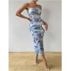 imageFloerns Womens Tie Dye Strapless Ruched Split Thigh Bodycon Long Tube DressBlue and White