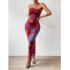imageFloerns Womens Tie Dye Strapless Ruched Split Thigh Bodycon Long Tube DressCoral Orange