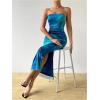 imageFloerns Womens Tie Dye Strapless Ruched Split Thigh Bodycon Long Tube DressLake Blue