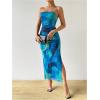 imageFloerns Womens Tie Dye Strapless Ruched Split Thigh Bodycon Long Tube DressLake Blue