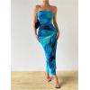 imageFloerns Womens Tie Dye Strapless Ruched Split Thigh Bodycon Long Tube DressLake Blue