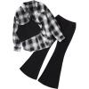 imageFloerns Girls 3 Piece Outfits Bell Bottom Outfit Cami Top and Flare Pants Set with Plaid Print ShirtBlack and White
