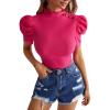 imageFloerns Womens Casual Frill Mock Neck Short Puff Sleeve Keyhole Back Work Office BlousePink Solid
