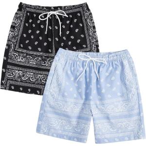imageFloerns 2 Pack Mens Boho Drawstring Waist Paisley Print Summer Beach ShortsBlack  Light Blue