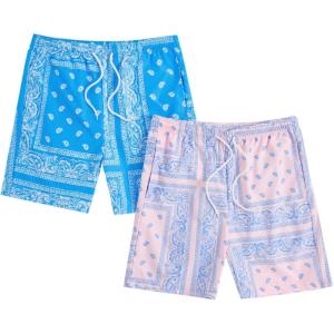 imageFloerns 2 Pack Mens Boho Drawstring Waist Paisley Print Summer Beach ShortsLight Pink  Blue Paisley