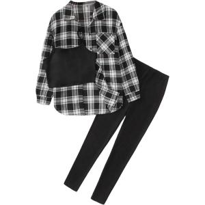 imageFloerns Girls 3 Piece Outfits Bell Bottom Outfit Cami Top and Flare Pants Set with Plaid Print ShirtAzure Black