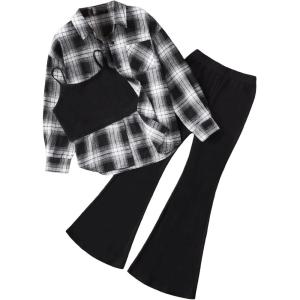 imageFloerns Girls 3 Piece Outfits Bell Bottom Outfit Cami Top and Flare Pants Set with Plaid Print ShirtBlack and White