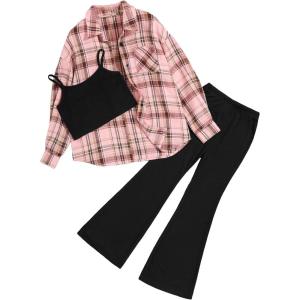 imageFloerns Girls 3 Piece Outfits Bell Bottom Outfit Cami Top and Flare Pants Set with Plaid Print ShirtPink