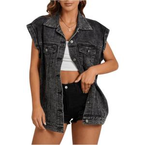 imageFloerns Womens Casual Flap Pocket Cap Sleeve Button Front Denim Vest JacketBlack