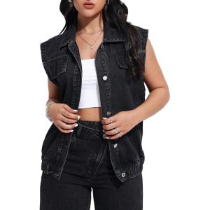 imageFloerns Womens Casual Flap Pocket Cap Sleeve Button Front Denim Vest JacketBlack Solid