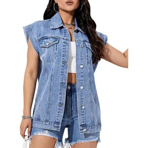 imageFloerns Womens Casual Flap Pocket Cap Sleeve Button Front Denim Vest JacketLight Blue