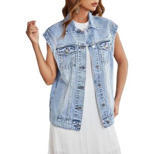 imageFloerns Womens Casual Flap Pocket Cap Sleeve Button Front Denim Vest JacketPale Blue