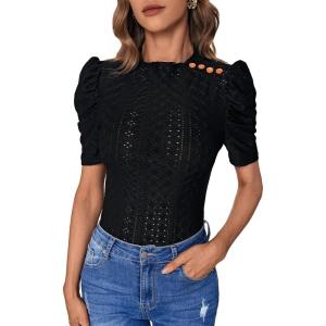 imageFloerns Womens Casual Frill Mock Neck Short Puff Sleeve Keyhole Back Work Office BlouseBlack Jade