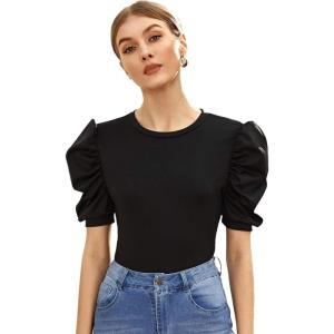imageFloerns Womens Casual Frill Mock Neck Short Puff Sleeve Keyhole Back Work Office BlouseBlack Pure