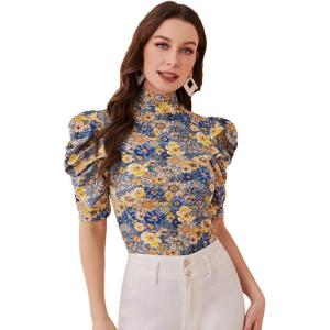 imageFloerns Womens Casual Frill Mock Neck Short Puff Sleeve Keyhole Back Work Office BlouseGold Floral