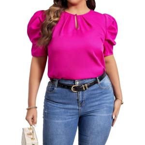 imageFloerns Womens Casual Frill Mock Neck Short Puff Sleeve Keyhole Back Work Office BlouseHot Pink