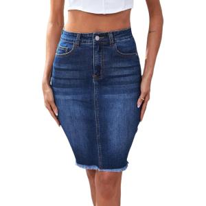 imageFloerns Womens Casual High Waist Raw Hem Bodycon Pencil Denim SkirtA Deep Blue