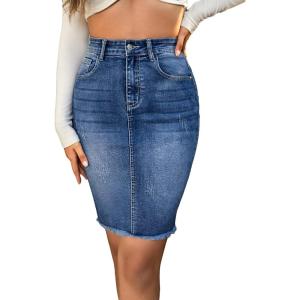 imageFloerns Womens Casual High Waist Raw Hem Bodycon Pencil Denim SkirtBlue Plain