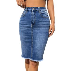 imageFloerns Womens Casual High Waist Raw Hem Bodycon Pencil Denim SkirtPurplish Blue