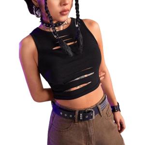 imageFloerns Womens Cut Out Sleeveless Round Neck Punk Rock Solid Ripped Crop Tank TopBlack