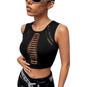 imageFloerns Womens Cut Out Sleeveless Round Neck Punk Rock Solid Ripped Crop Tank TopBlack Plain