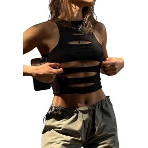 imageFloerns Womens Cut Out Sleeveless Round Neck Punk Rock Solid Ripped Crop Tank TopBlack a