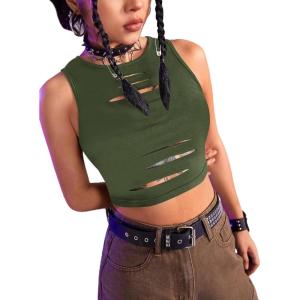 imageFloerns Womens Cut Out Sleeveless Round Neck Punk Rock Solid Ripped Crop Tank TopGreen