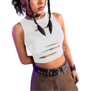 imageFloerns Womens Cut Out Sleeveless Round Neck Punk Rock Solid Ripped Crop Tank TopWhite