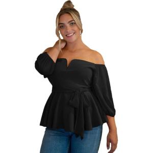imageFloerns Womens Plus Size Off The Shoulder Belted Peplum Blouse TopBlack