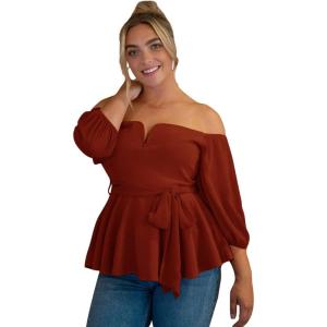 imageFloerns Womens Plus Size Off The Shoulder Belted Peplum Blouse TopRust Brown