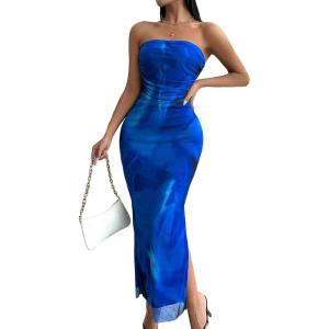 imageFloerns Womens Tie Dye Strapless Ruched Split Thigh Bodycon Long Tube DressBlue