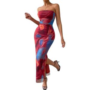 imageFloerns Womens Tie Dye Strapless Ruched Split Thigh Bodycon Long Tube DressCoral Orange