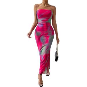imageFloerns Womens Tie Dye Strapless Ruched Split Thigh Bodycon Long Tube DressHot Pink