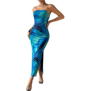 imageFloerns Womens Tie Dye Strapless Ruched Split Thigh Bodycon Long Tube DressLake Blue