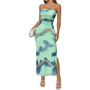imageFloerns Womens Tie Dye Strapless Ruched Split Thigh Bodycon Long Tube DressMint Green