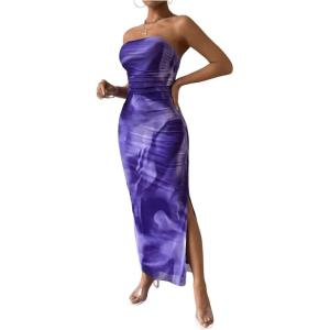 imageFloerns Womens Tie Dye Strapless Ruched Split Thigh Bodycon Long Tube DressPurple