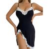 imageFloerns Womens Full Slip Lace Babydoll V Neck Chemise Nightgown with ThongBlack