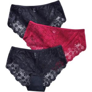 imageFloerns Womens 3 Pack Floral Lace High Waist Breathable Soft Panty SetBlack Ink Red