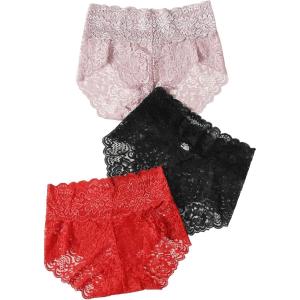 imageFloerns Womens 3 Pack Floral Lace High Waist Breathable Soft Panty SetMulticolor