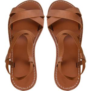 imageFloerns Womens Flat Sandal Criss Cross Ankle Strap Leather Slip on Summer ShoesBrown