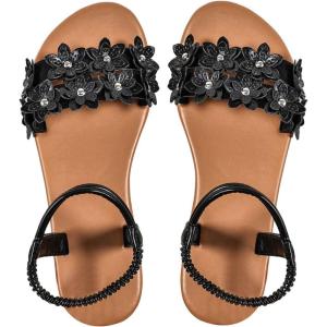 imageFloerns Womens Floral Elastic Ankle Straps Slipper Summer Beach Flat SandalsBlack